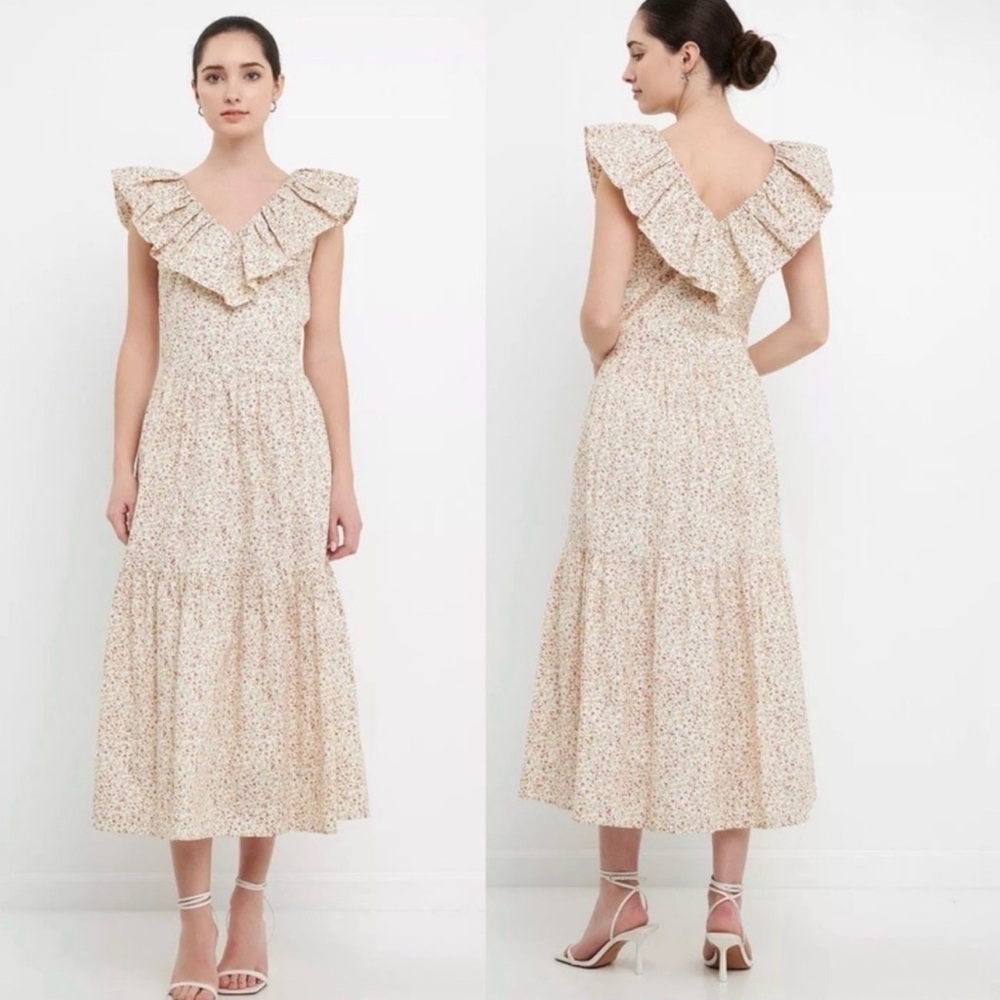 English Factory Cream Floral Ruffle Midi Dress